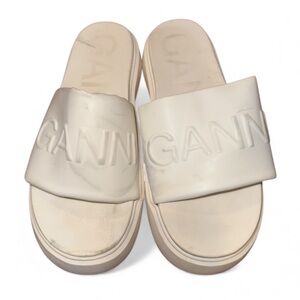 GANNI White Logo Platform Slides Sandals Size 38 | Rubber Embossed Slip-On